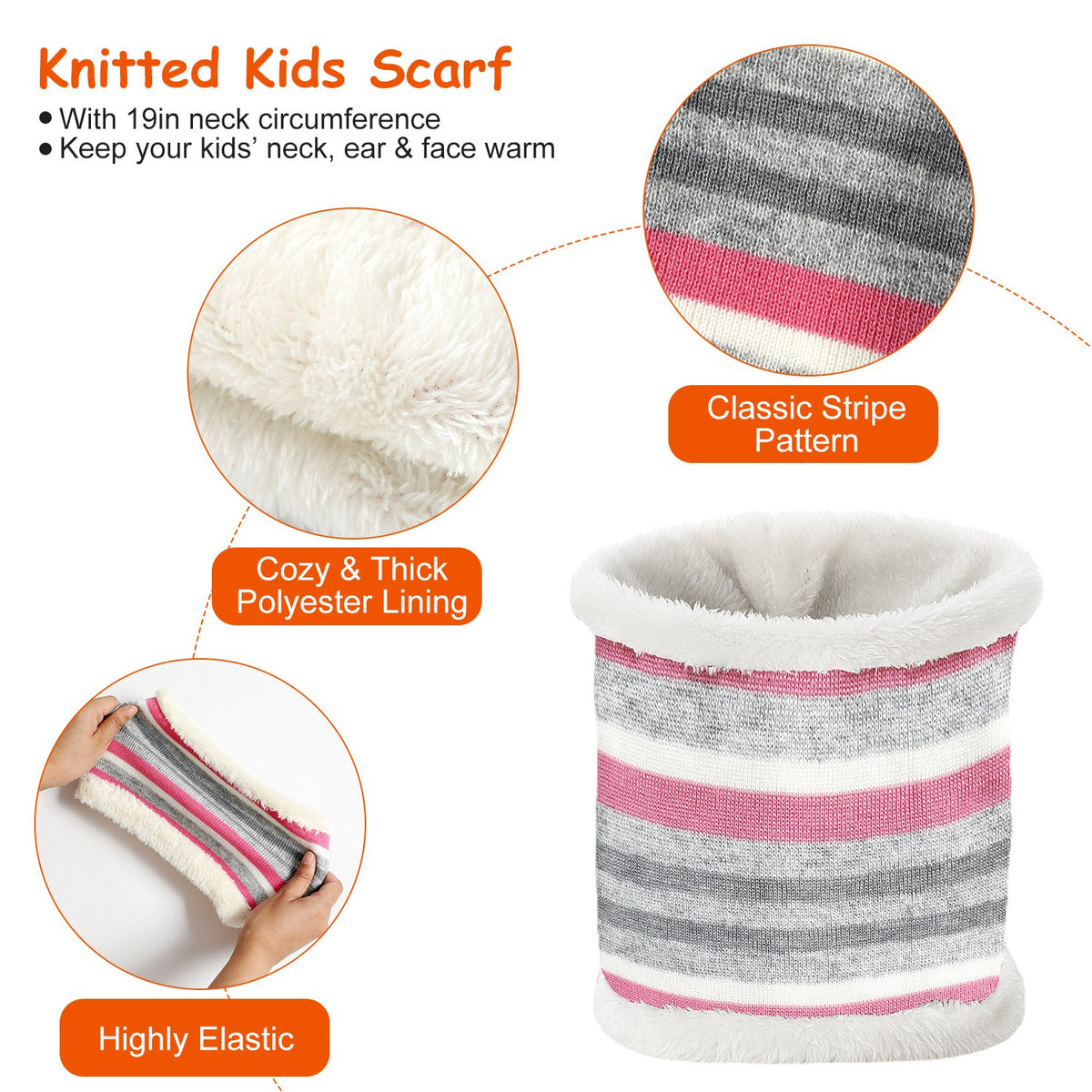Dziecko w pasiastej czapce z pomponem, kominie i rękawiczkach