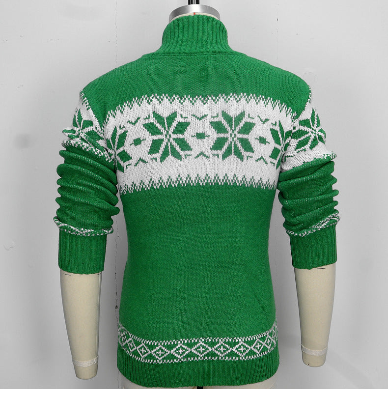 Męski świąteczny sweter w śnieżynki z kołnierzem