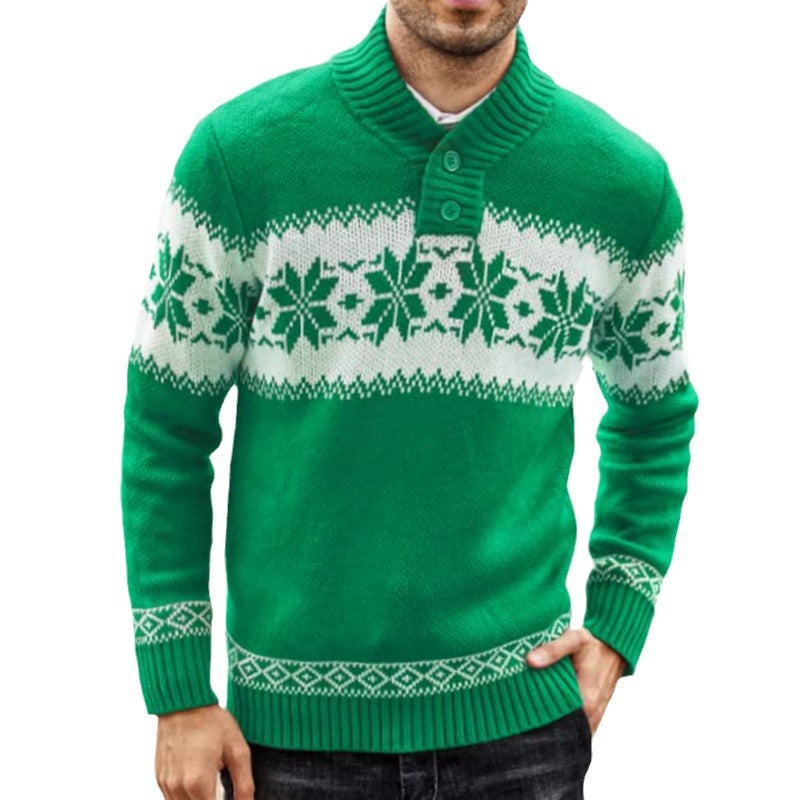 Męski świąteczny sweter w śnieżynki z kołnierzem