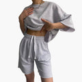 Damski Crop Top z Okrągłym Dekoltem i Szorty z Troczkiem - Zestaw Dwuczęściowy