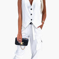 Damski Striped Two-Piece Suit Set - Bezrękawnik i Spodnie z Mankietami